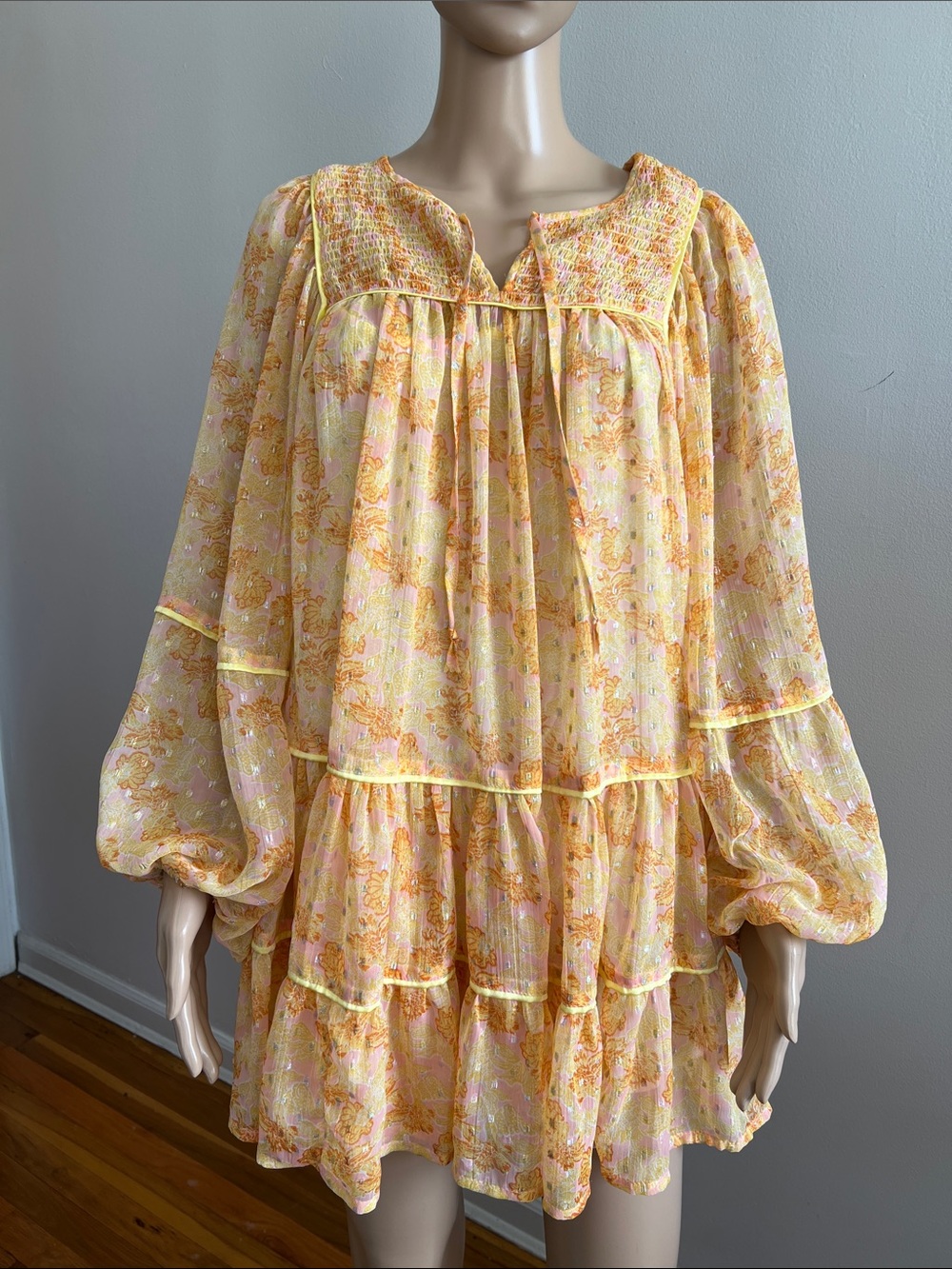 FREE PEOPLE Butterfly SWINGING Long Sleeve Mini Dress Color: Yellow Combo Size S
